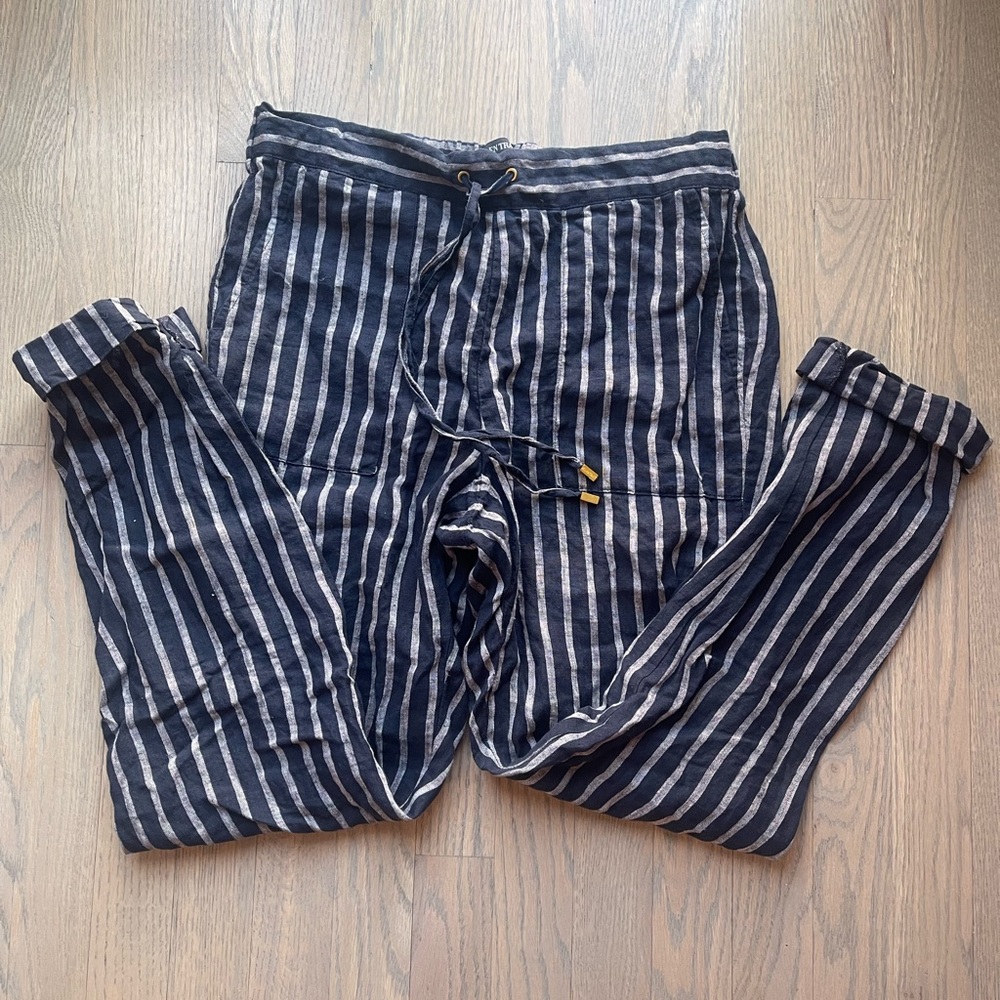 Ellen Tracy 100% Linen Navy and Cream Striped Pants Size Small